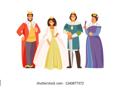 Fabulous Royal Family. Vector Characters In Historical Costumes. King, Queen, Prince And Princess On White Background