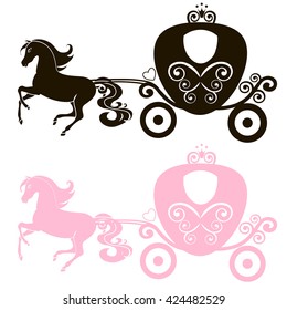 Fabulous Royal pink Princess carriage horse-drawn vector vintage girl stroller, logo, black and pink the silhouette icon on white background