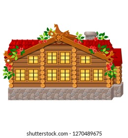 Fabulous royal wooden house isolated on white background. Vector cartoon close-up illustration.