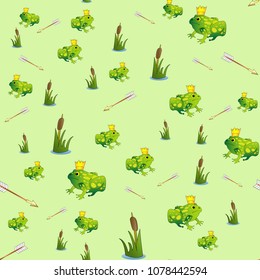 Fabulous seamless pattern with frog Princess. Hand-drawn. With arrows and reeds. EPS 10.