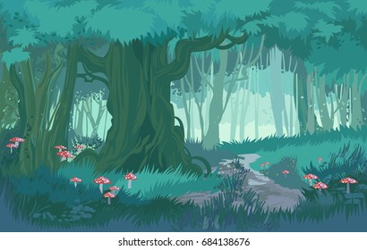 Fabulous shades of blue dusk forest jungle vector background forest with toadstool and mushrooms