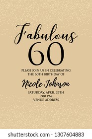 Fabulous Sixty birthday party vector printable invitation card with golden glitter elements.