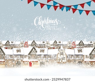 Fabulous snow-covered town in the Christmas night. Highly realistic illustration.