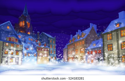 fabulous snow-covered town in the Christmas night