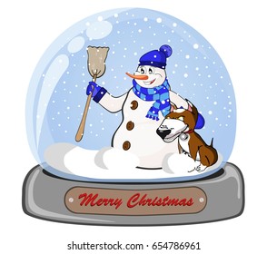 fabulous souvenir glass ball with a dog and a good snowman for the new year and Christmas