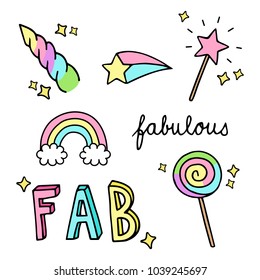 Fabulous, sparkling, magic, rainbow hand drawn doodle vector illustrations set. Unicorn horn, rainbow, magic wand, comet star, sweet lollipop and fabulous writings, isolated.