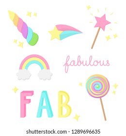 Fabulous, sparkling, magic, rainbow hand drawn doodle vector illustrations set. Unicorn horn, rainbow, magic wand, comet star, sweet lollipop and fabulous writings, isolated.