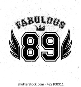 Fabulous sport number with wings and crown college typography. Fashion, t-shirt, poster design. Vector illustration.