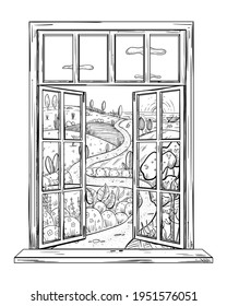 Fabulous spring landscape in the window. Open window into wonderful world, dreams illustration concept in sketch style, place for escape and meditation. Fantasy sunny place with garden, hills.