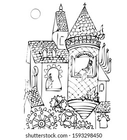 A fabulous steampunk house. Lovers looked at each other from the windows. Gear frame. February 14th in steampunk style. Black and white drawing. Vector.  Coloring book page for adults, kids