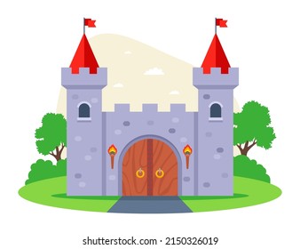 fabulous stone castle in the Middle Ages with towers. flat vector illustration.