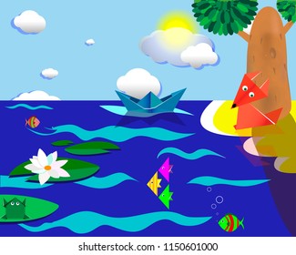 fabulous summer landscape of origami on a blue background