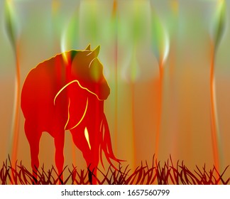 Fabulous Sunny background with cartoon horse. Spring meadow in Golden rays of sun background.