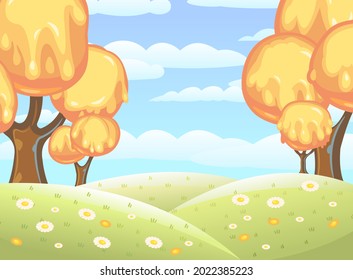 Fabulous sweet forest. Flows of yellow cream, jelly or caramel. Clouds. Trees with chocolate trunks. Cute hilly landscape for children. Beautiful fantastic illustration. Vector