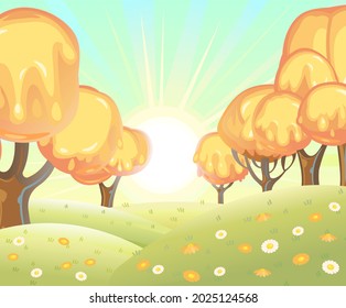 Fabulous sweet forest. Flows of yellow cream, jelly or caramel. Sun. Trees with chocolate trunks. Cute hilly landscape for children. Beautiful fantastic illustration. Vector