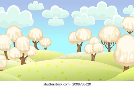 Fabulous sweet forest. Ice cream, drips of white milk cream. Clouds. Trees with chocolate trunks. Cute hilly landscape for children. Beautiful fantastic illustration. Vector