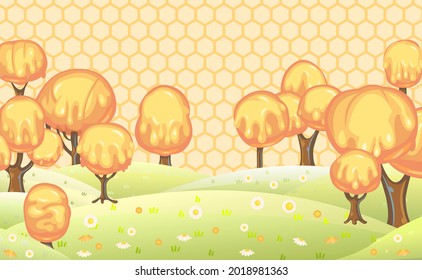 Fabulous sweet landscape with honey trees. Children's fantastic illustration with a honeycomb. Cartoon style. Cute cheerful scene. Summer flower hills. Vector