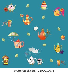 Fabulous teapots and cups, cake, clouds of steam, flowers and leaves on an emerald green background. Endless print for fabric, home textile, vector illustration.