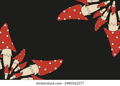 Fabulous Toadstool Frame design isolated black background. Mushrooms Frame with copy sapce. Doodle vector  Fly Agaric illustration. Editable stroke. EPS 10