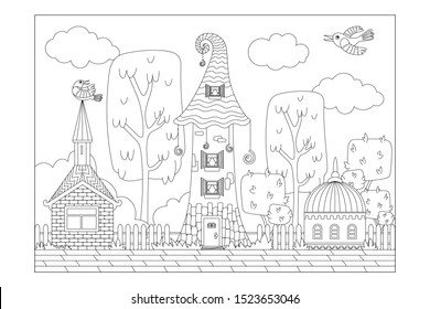 Fabulous town of different houses. Sheet for children's coloring books. Vector