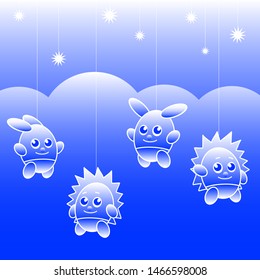 Fabulous toy bunnies and hedgehogs hang on strings against a background of clouds and a starry sky. Vector illustration