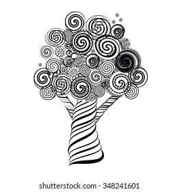 Fabulous Tree with Curls. Doodle Style. Vector Illustration. Template design for card.