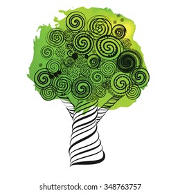Fabulous Tree with Curls. Doodle Style. Ink Pen Sketch on Watercolor Spot. Grunge Style. Vector Illustration.Template design for card.