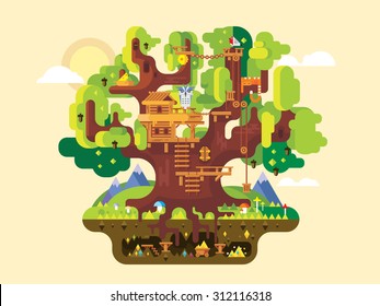 Fabulous tree house. Childhood building, nature home design, fantasy architecture, flat vector illustration