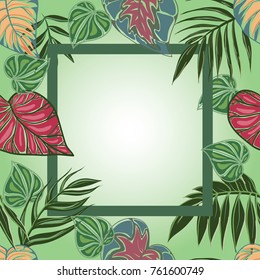 Fabulous tropical leaves on light green background. The leaves of begonias. The frame in the center of the image.