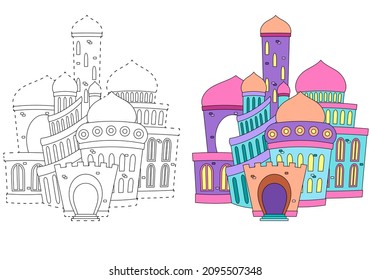 A fabulous underwater palace. Coloring book for children. Practice of handwriting. Education Development Worksheet.
