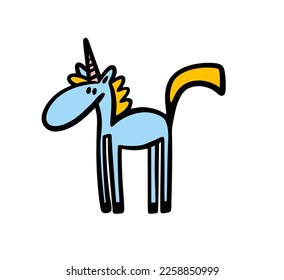 Fabulous unicorn creature, a blue horse with a horn and a yellow tail. Vector illustration of a wild fairy tale animal in simple hand drawn style.
