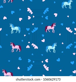 Fabulous unicorn seamless pattern. Pink and blue unicorn among hearts on blue background. Vector illustration.