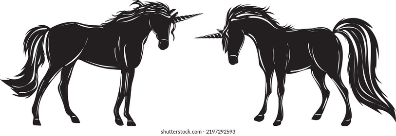 fabulous unicorns black silhouette isolated, vector