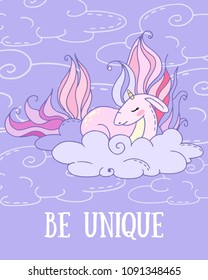 fabulous vector greeting card with cartoon unicorn on cloud on cloudy background