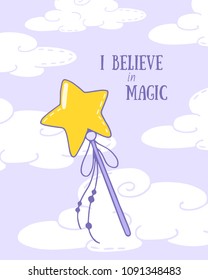 fabulous vector greeting card with cartoon magic wand on background with white clouds