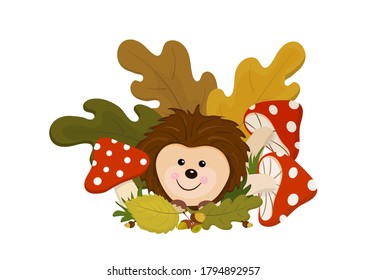 Fabulous vector illustration with a kind hedgehog, autumn leaves and bright fly agarics.