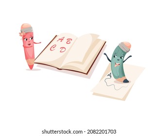 Fabulous vector pencils are written in a notebook and on paper. Cartoon childrens illustration