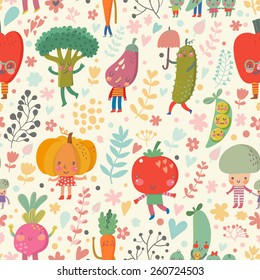 Fabulous vegetable background in bright summer colors. Tasty concept wallpaper with funny cartoon vegetables: tomato, eggplant, peas, beet, cucumber, pumpkin, pepper, mushroom and broccoli in vector