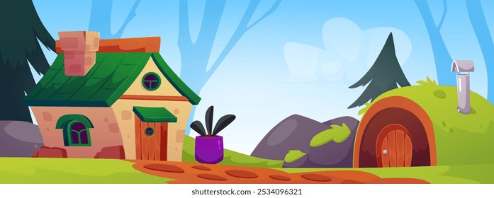 A fabulous village. The vector shows a cottage with a chimney and a house covered with green grass, surrounded by trees and rocks under a clear sky.