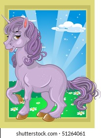 fabulous violet unicorn on the fairytale landscape