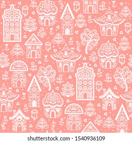 Fabulous white silhouettes of houses with ornaments. Decorative seamless background on pink background. folk art. Scandinavian style.