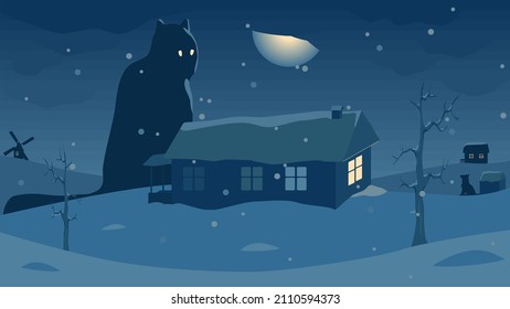 A Fabulous Winter Image With A Huge Monster Cat In The Village At Night