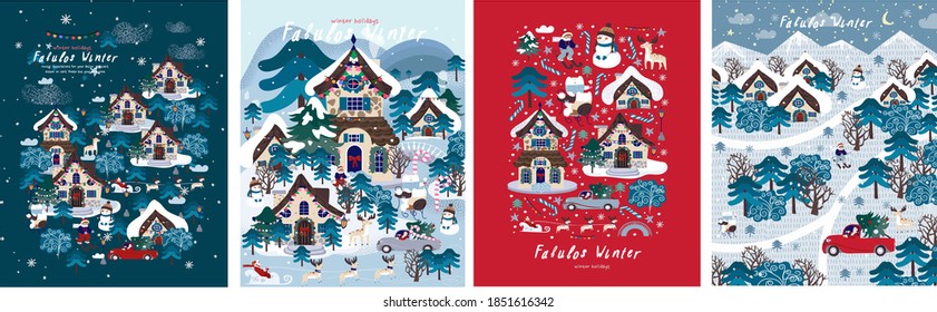 Herrlicher Winter. Vektorgrafik von Weihnachten Neujahr Stadt, Häuser, Wald, Bäume, Santa Claus und Schneemann. Zeichnungen für Postkarten, Poster und Hintergrund
