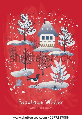 Fabulous winter. Vector illustration of Christmas new year city, houses, forest, trees, birds. Drawings for postcard, poster and background 