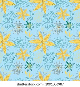 Fabulous yellow flowers are painted on a blue background. Seamless pattern.