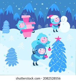 Fabulous Yeti children are getting ready for Christmas. Cute Christmas illustration.