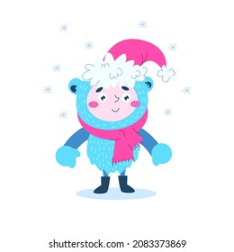 A fabulous Yeti in a Christmas hat and scarf. A simple illustration on a white background. Cute monster.