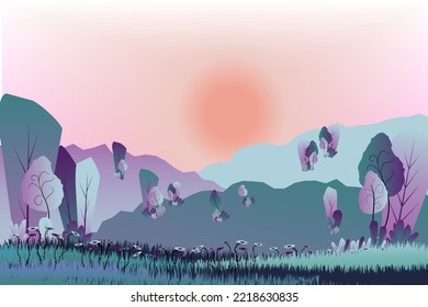 Fabulously beautiful forest landscape for the game. Illustration of a cartoon landscape. Vector illustration in cartoon style. User interface design.