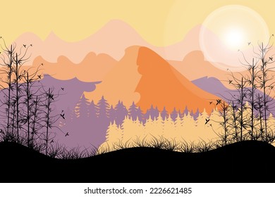 Fabulously beautiful forest landscape for the game. Illustration of a cartoon landscape. Vector illustration in cartoon style. User interface design.