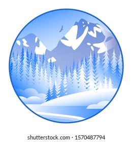 Fabulously beautiful winter landscape with forest and mountains. Wildlife with frost and snow. Round vector illustration.
